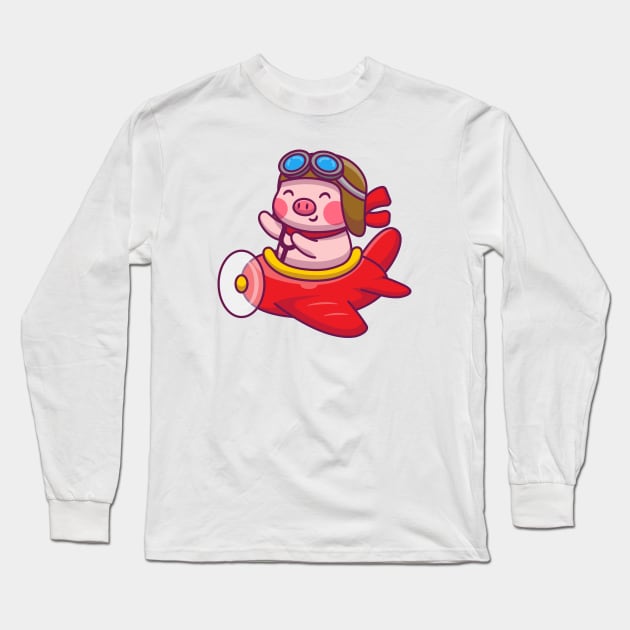 Cute Pig Riding Airplane Long Sleeve T-Shirt by Catalyst Labs